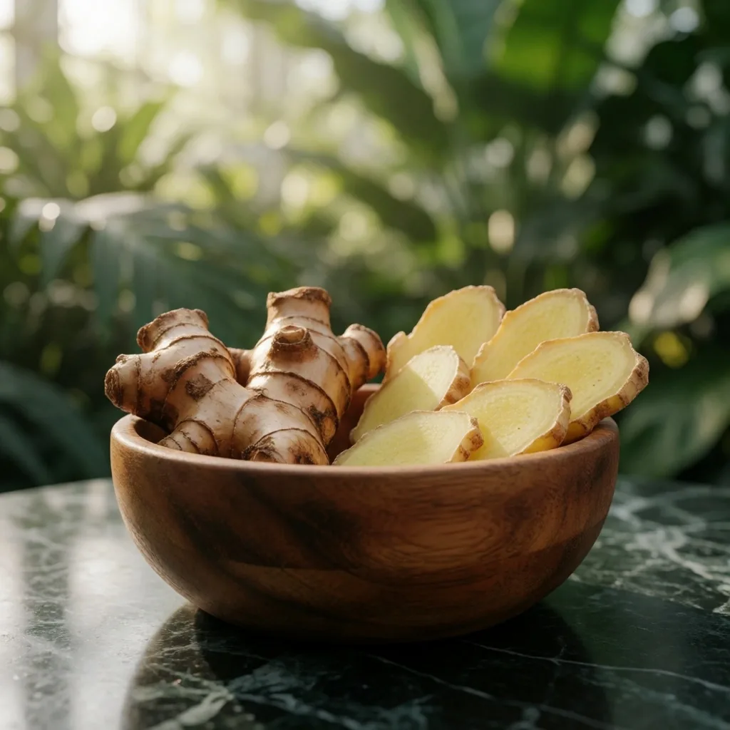 Botanical ingredients on marble in a Jakarta conservatory