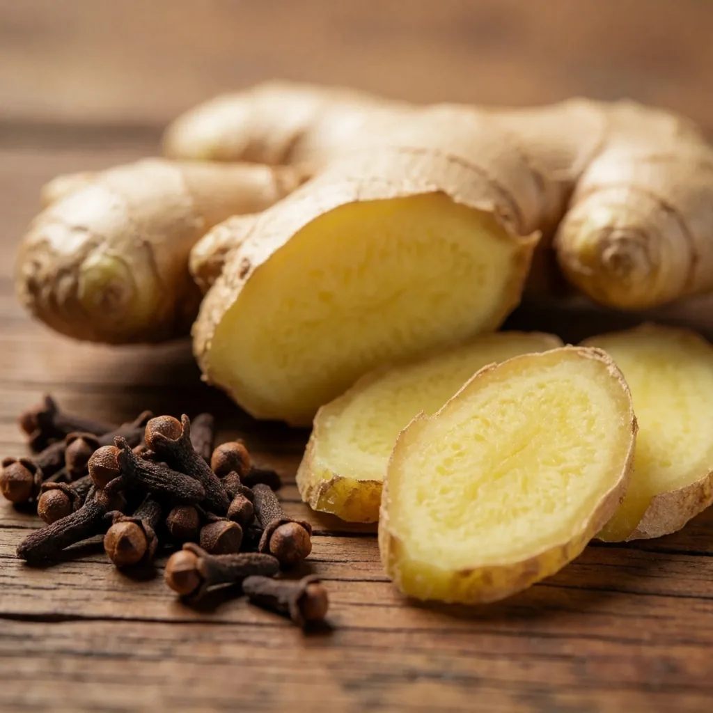 Fresh and dried ginger root on wood