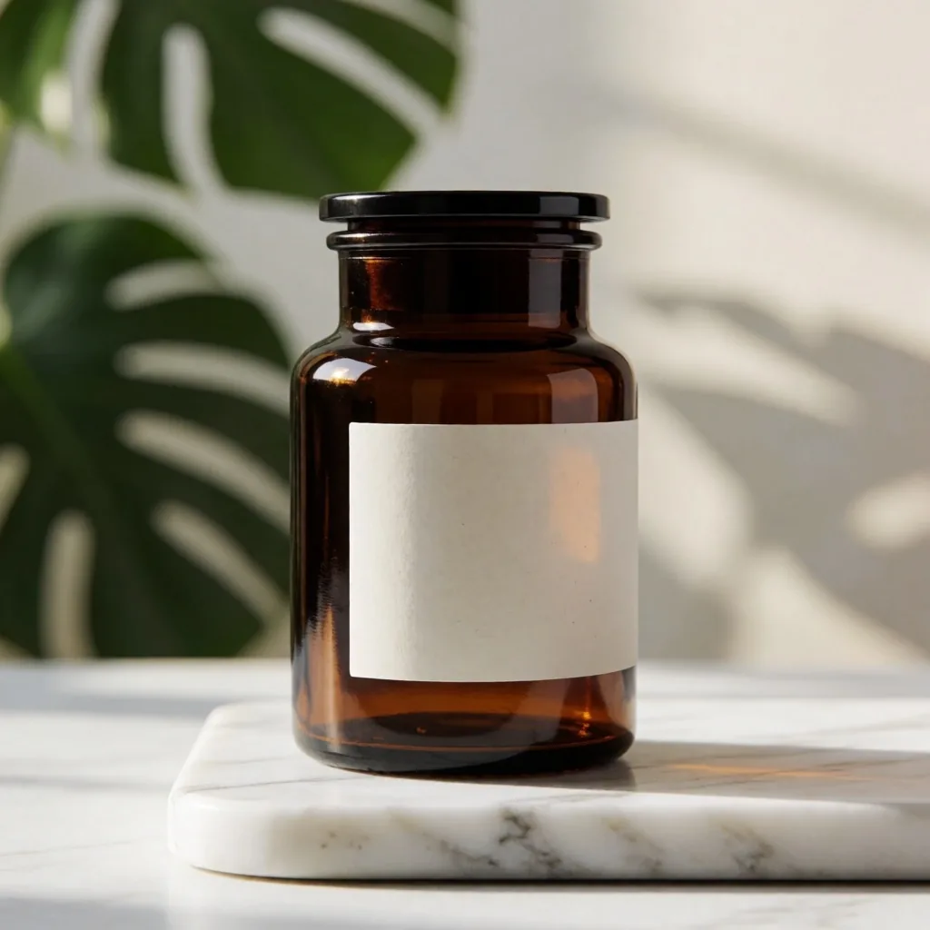 A botanical supplement jar with an ingredient label on marble