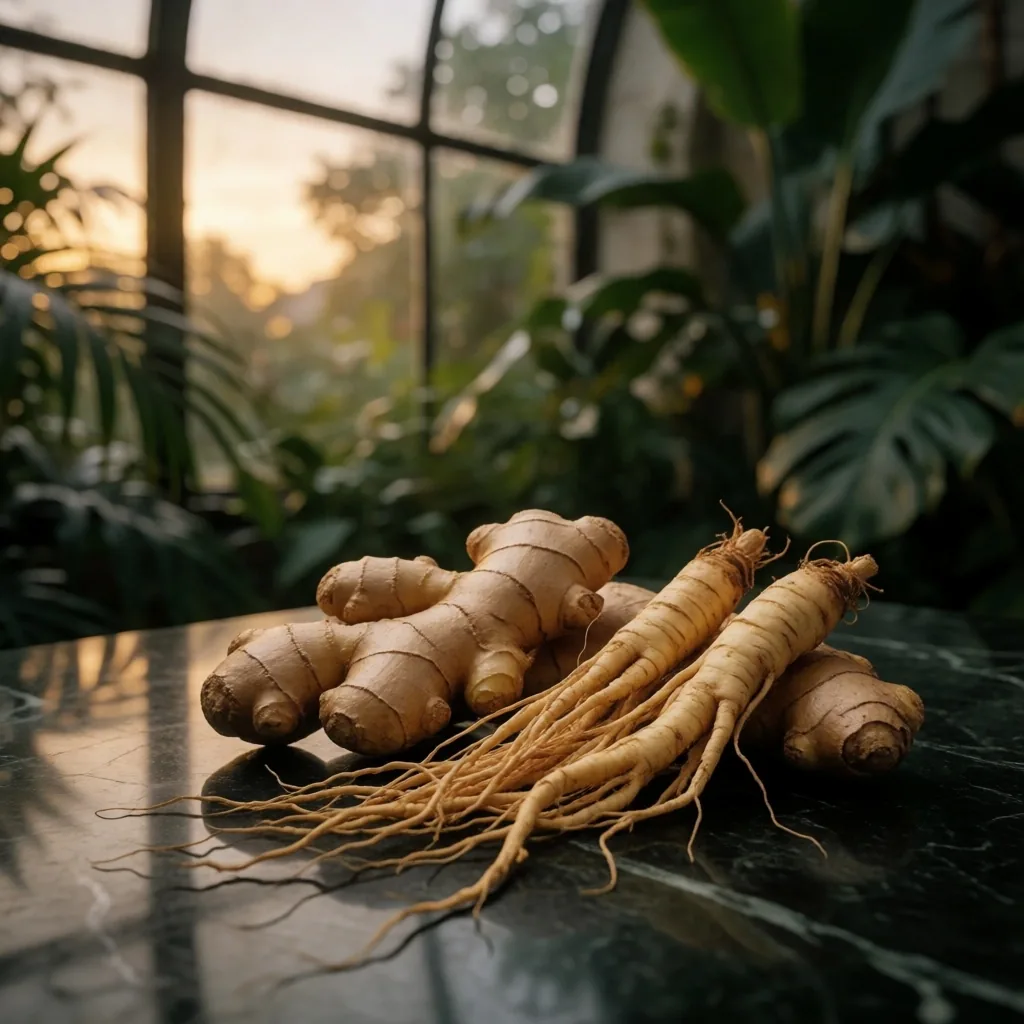 Fresh ginger root and ginseng on dark marble inside a glass conservatory