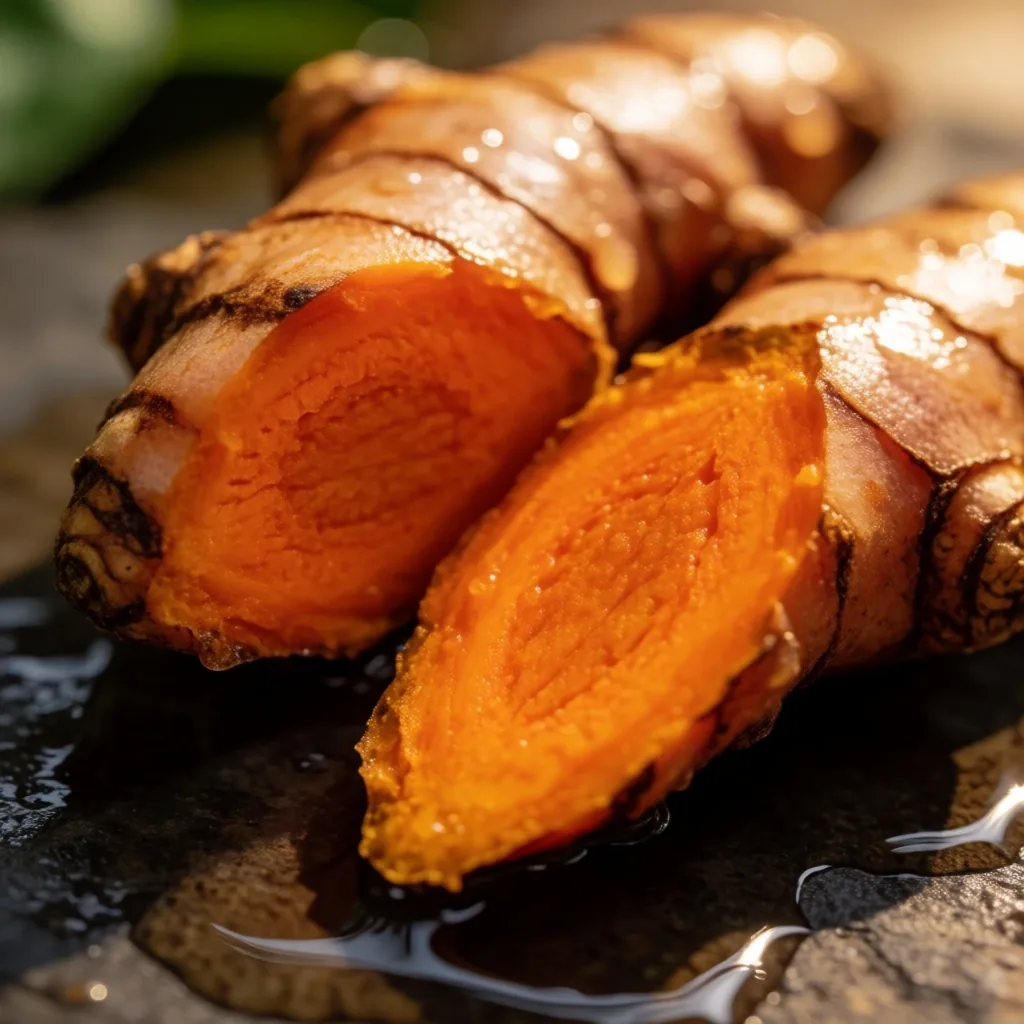 Macro view of fresh turmeric root on dark stone