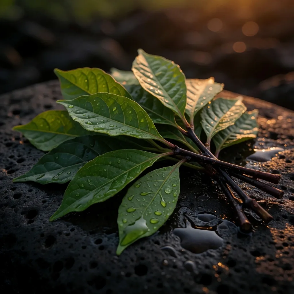 Fresh botanical leaves on wet stone