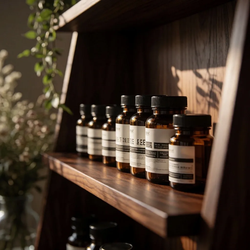 Amber supplement bottles arranged on a dark wooden shelf