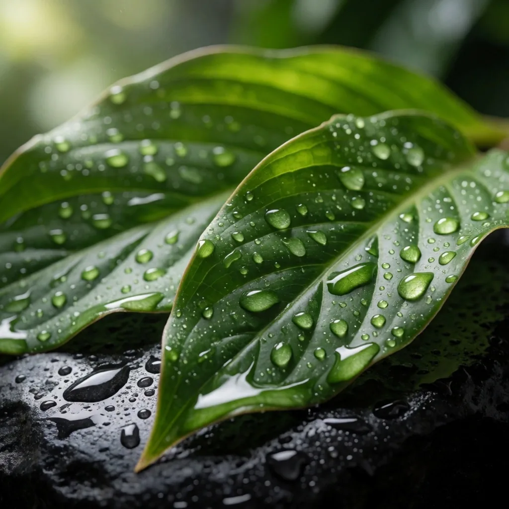 Botanical leaves on dark wet stone in conservatory light