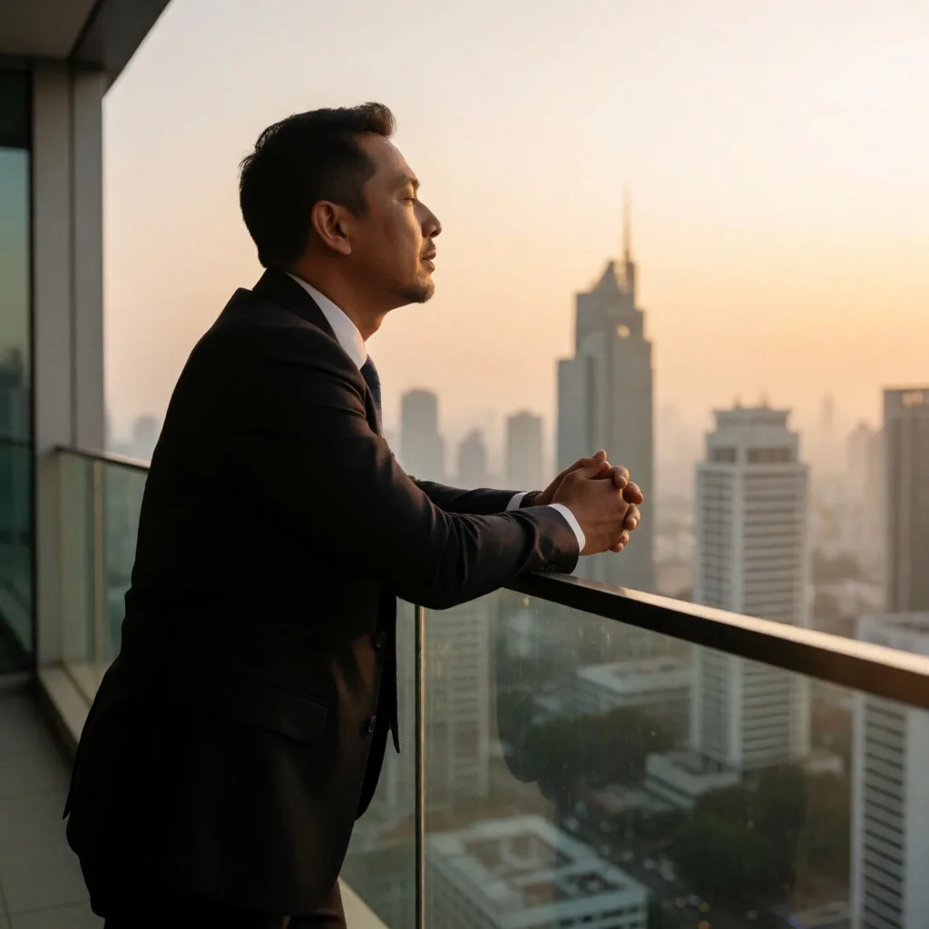 Man in stillness on Jakarta rooftop at golden hour